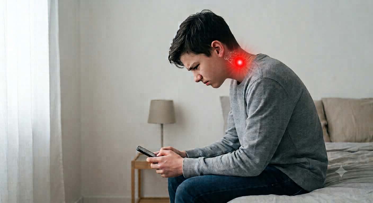Adolescent penché sur son téléphone, schéma illustrant la tension cervicale liée au tech neck