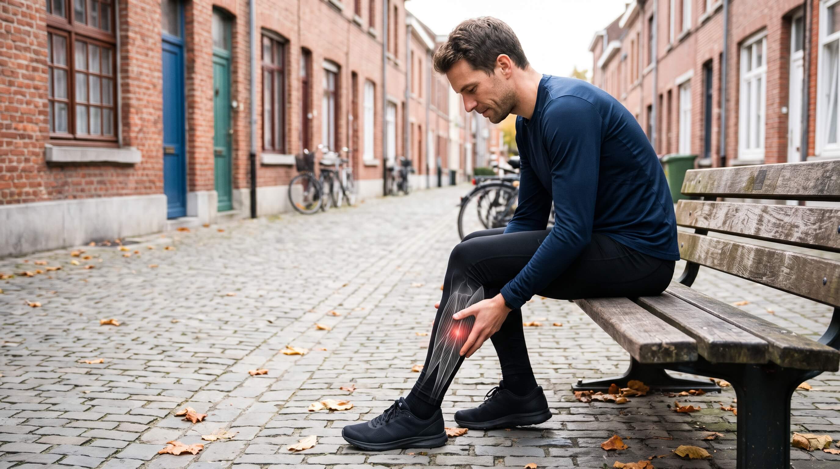Coureur assis sur un banc après une course, se massant le mollet, un matin d’automne