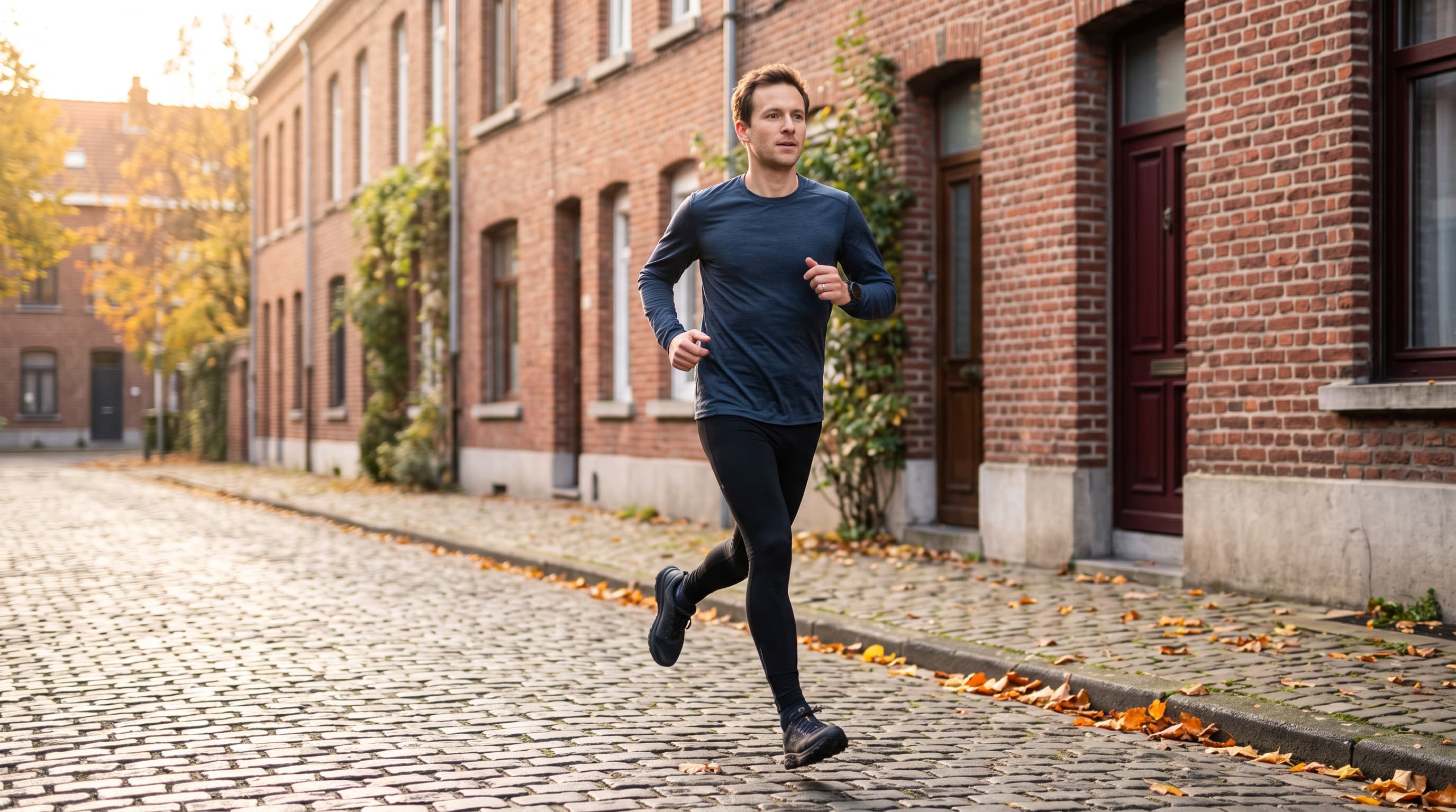 Coureur en pleine foulée sur une rue pavée bordée de maisons en briques rouges, un matin d'automne