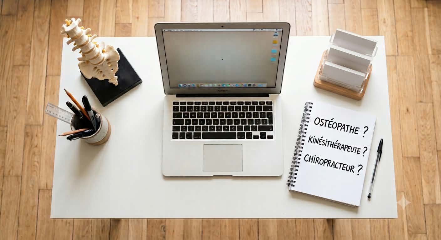 Bureau avec ordinateur portable, modèle de colonne vertébrale et carnet posant la question ostéopathe, kinésithérapeute ou chiropracteur