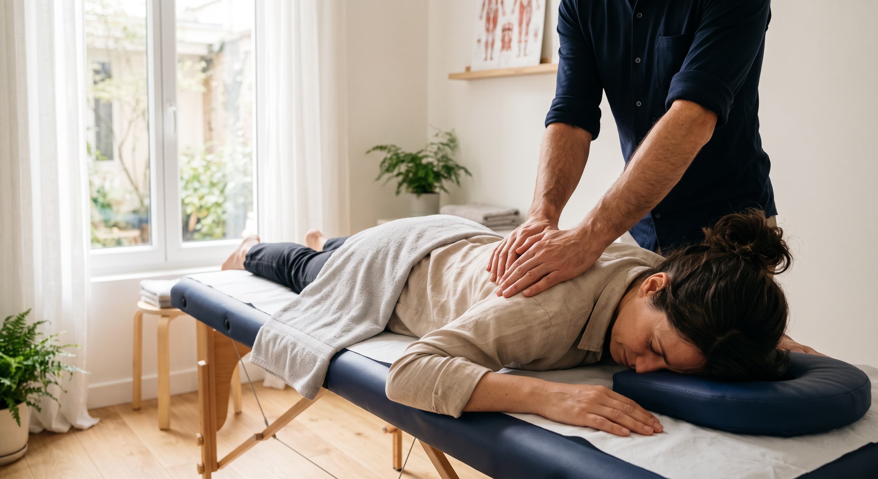 Consultation d'ostéopathie : praticien effectuant une mobilisation douce du haut du dos d'une patiente allongée sur une table de soin