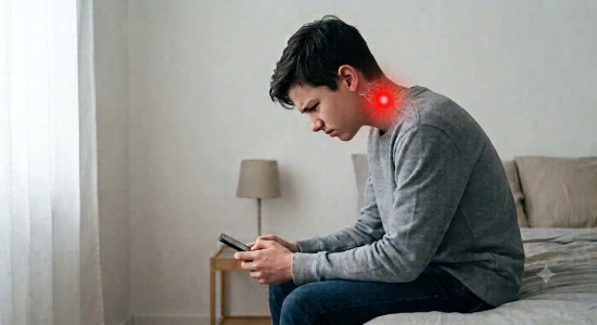 Adolescent penché sur son téléphone, schéma illustrant la tension cervicale liée au tech neck