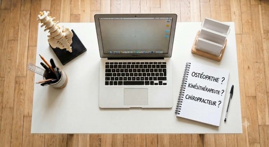 Bureau avec ordinateur portable, modèle de colonne vertébrale et carnet posant la question ostéopathe, kinésithérapeute ou chiropracteur