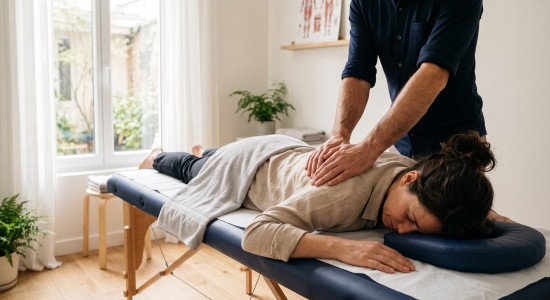 Consultation d'ostéopathie : praticien effectuant une mobilisation douce du haut du dos d'une patiente allongée sur une table de soin